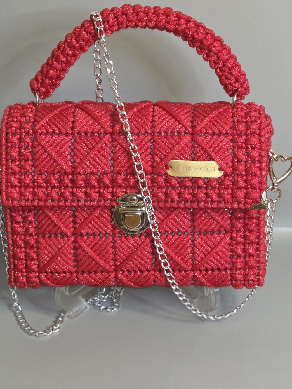 Handcrafted Red Macramé Top-Handle Bag with Chain Strap